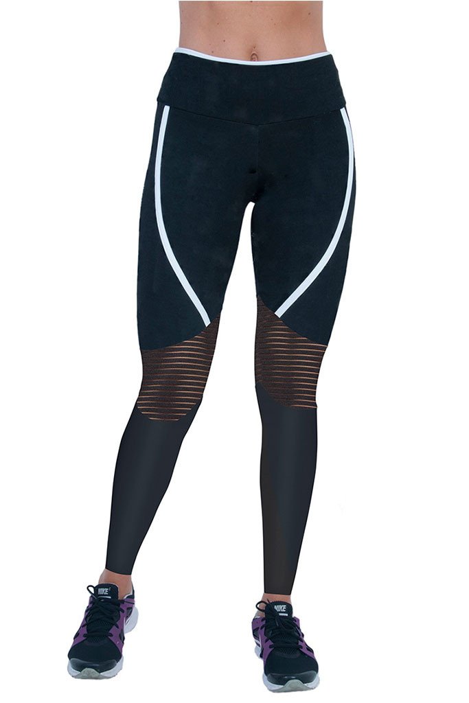 Bia Brazil White Stripes Hollow Mesh Knee Panels Black Crossfit Leggings