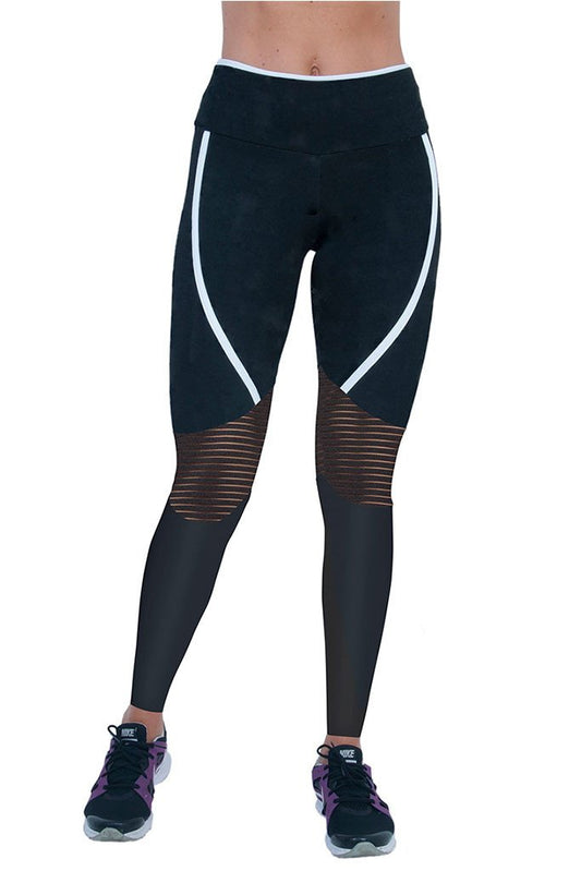 Bia Brazil White Stripes Hollow Mesh Knee Panels Black Crossfit Leggings